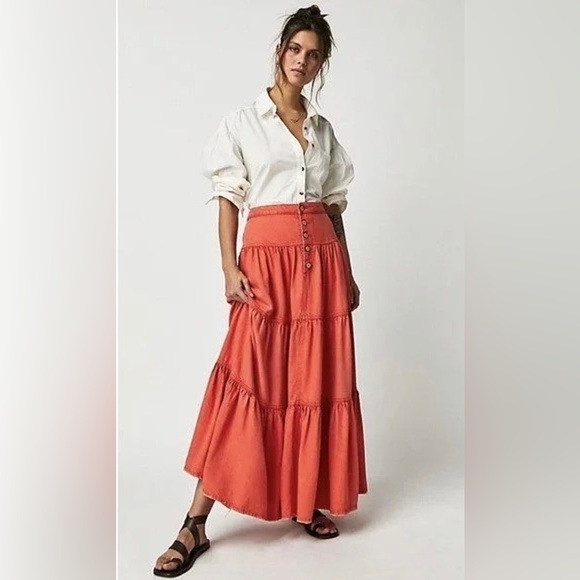 NWT FREE PEOPLE We The Free Dreamweaver Maxi Skirt In Orange MSRP $168 Size M - Picture 4 of 12
